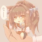  animal_ears brown_eyes brown_hair cat_ears chibi fang flower hair_flower hair_ornament hazuki_ruu headgear in_palm kantai_collection kemonomimi_mode minigirl open_mouth ponytail shirt sitting skirt sleeves_past_wrists solo_focus wide_sleeves yamato_(kantai_collection) 