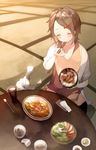  ayatoki-1 bowl brown_hair chopsticks eating food fujishima-san_no_shin'ya_gohan hair_ornament hairclip highres official_art rice_bowl salad solo 
