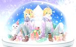  1girl blonde_hair blue_eyes boots brother_and_sister christmas earmuffs gloves hair_ornament hairclip hat kagamine_len kagamine_rin ryou_(fallxalice) santa_hat scarf short_hair siblings smile snow snow_globe snowman twins vocaloid winter_clothes 