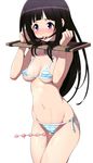  ball_gag bdsm bikini blush bondage bound breasts chitanda_eru collar crotch_rope gag gagged hyouka medium_breasts pillory pussy_juice rope_walking shin'ya_(shin'yanchi) solo striped striped_bikini swimsuit underboob white_background 