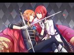  black_gloves cape elbow_gloves ensemble_stars! gloves green_eyes male_focus multiple_boys orange_hair purple_eyes red_hair smile suou_tsukasa sword toruglose tsukinaga_leo uniform weapon 