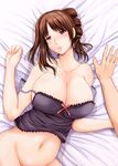  1girl arino_hiroshi bare_arms bare_shoulders bed_sheet blush bottomless breasts brown_hair camisole cleavage collarbone drill_hair groin hands highres large_breasts lips looking_at_viewer lying midriff navel off_shoulder on_back open_mouth original out-of-frame_censoring pov short_hair stomach strap_slip teardrop tears 