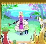  3girls animal_ears asriel_dreemurr black_footwear blonde_hair blue_pants blue_sky bow brown_hair cat_ears cat_tail chen cloud commentary crossover cup dated day dress eyes flying_sweatdrops forest fox_tail from_behind gap gapangman good_end grass green_hat hair_bow hat hat_ribbon height_difference long_hair mob_cap mountain multiple_girls multiple_tails nature nekomata outdoors pants pillow_hat plate red_dress red_eyes ribbon shirt shoes short_dress sidelocks signature silhouette sitting sky sleeveless sleeveless_dress smile solid_oval_eyes spoilers standing striped striped_shirt tabard tail teacup touhou tree two_tails undertale white_dress yakumo_ran yakumo_yukari 