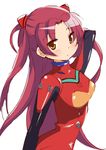  bodysuit cosplay hair_ornament highres long_hair mahou_shoujo_madoka_magica neon_genesis_evangelion plugsuit red_hair sakura_kyouko solo souryuu_asuka_langley souryuu_asuka_langley_(cosplay) tsubaki_(tatajd) 