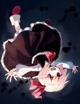  ascot blonde_hair brown_dress dress fang hair_ribbon long_sleeves looking_at_viewer miyakure open_mouth outstretched_arms red_eyes ribbon rumia sash shirt short_hair smile solo touhou upside-down 