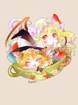  ^_^ animal_ears artist_name beige_background black_bow blonde_hair blush bow bowl braid cat_ears cat_tail chibi closed_eyes demon_wings dress fangs finger_in_mouth finger_licking flandre_scarlet hair_bow handle hat hat_bow highres in_bowl in_container kemonomimi_mode kirisame_marisa licking looking_at_viewer multiple_girls neko_nabe red_dress red_eyes rosette_(roze-ko) simple_background single_braid tail touhou vampire wings witch witch_hat 