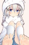  angora_rabbit animal_hood barefoot batatata77 blue_eyes blue_hair blush braid bunny feet gochuumon_wa_usagi_desu_ka? hair_ornament hairclip highres hood kafuu_chino leg_warmers long_hair looking_at_viewer pov_feet shorts sitting soles solo tippy_(gochiusa) toes twin_braids x_hair_ornament 