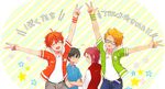  4boys :p ahoge akehoshi_subaru belt black_hair blonde_hair blue-framed_eyewear blue_eyes closed_eyes double_v ensemble_stars! glasses green_eyes group_name hidaka_hokuto hood hoodie isara_mao machico_(mamama01) male_focus multiple_boys orange_hair red_hair star tongue tongue_out trickstar v wristband yuuki_makoto_(ensemble_stars!) 