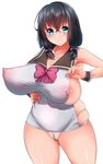  areola_slip areolae black_hair blue_eyes breasts huge_breasts long_hair looking_at_viewer pubic_hair pussy revealing_clothes shumichi simple_background skindentation smile solo thighs white_background 