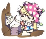  american_flag_dress blonde_hair calendar_(object) closed_eyes clownpiece commentary hat jester_cap long_hair lowres ori_(yellow_duckling) paper pencil solo tired touhou 