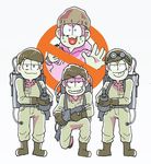 beanie boots brothers brown_hair ghostbusters goggles goggles_on_head grin hat heart heart_in_mouth hood hoodie japoland jumpsuit kneeling male_focus matsuno_choromatsu matsuno_ichimatsu matsuno_osomatsu matsuno_todomatsu messy_hair multiple_boys osomatsu-kun osomatsu-san parody protected_link proton_pack shaded_face siblings simple_background smile sweat uniform white_background 