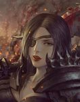  axe black_hair carrying carrying_over_shoulder collarbone eyepatch grey_eyes highres lipstick long_hair makeup pale_skin parted_lips shoulder_armor shoulder_spikes smoke solo spaulders spikes warcraft weapon world_of_warcraft y.c 