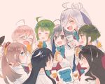  6+girls akigumo_(kantai_collection) asashimo_(kantai_collection) black_hair brown_eyes brown_hair drink glass glasses green_hair hand_on_another's_head hayashimo_(kantai_collection) itomugi-kun kantai_collection kazagumo_(kantai_collection) kiyoshimo_(kantai_collection) long_hair makigumo_(kantai_collection) multiple_girls naganami_(kantai_collection) pink_hair ponytail sharp_teeth short_hair silver_hair smile takanami_(kantai_collection) teeth v yuugumo_(kantai_collection) 