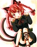  :d animal_ears braid cat_ears cat_tail dress frilled_dress frills ishimori_sakana kaenbyou_rin multiple_tails nekomata open_mouth paw_pose red_eyes red_hair smile solo tail touhou twin_braids two_tails 