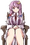  blush bow breasts capelet chair crescent crescent_hair_ornament facial hair_bow hair_ornament kamukamu_(ars) large_breasts long_hair long_sleeves looking_at_viewer no_hat no_headwear own_hands_together panties pantyshot pantyshot_(sitting) patchouli_knowledge purple_eyes purple_hair purple_panties simple_background sitting solo striped suggestive_fluid touhou underwear white_background 