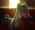  anime_coloring aqua_hair backlighting bad_id bad_twitter_id bare_shoulders black_skirt closed_mouth couch crossed_arms curtains dark detached_sleeves domo1220 expressionless glowing green_eyes grey_shirt hair_between_eyes hatsune_miku headphones indoors light_rays long_hair looking_at_viewer lying on_couch on_stomach pillow shirt skirt sleeveless sleeveless_shirt solo sunlight twintails very_long_hair vocaloid window 