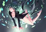  barefoot between_thighs black_dress black_footwear breasts cleavage collarbone dress flipped_hair full_body gradient gradient_background green_eyes green_hair jh long_sleeves looking_to_the_side no_panties one-punch_man shoes shoes_removed short_hair side_slit small_breasts soles solo tatsumaki 