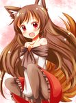 :d animal_ears arms_between_legs between_legs brown_hair dress fang frilled_dress frills hand_between_legs imaizumi_kagerou ishimori_sakana long_hair off_shoulder open_mouth red_eyes smile solo tail touhou very_long_hair wolf_ears wolf_tail 