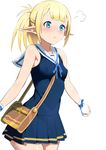  :t between_breasts blonde_hair blue_eyes blush breasts covered_nipples dress pointy_ears ponytail pout sailor_dress shin'ya_(shin'yanchi) sleeveless sleeveless_dress small_breasts solo strap_cleavage 