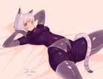  animal_ears blush bodysuit breasts cameltoe cat_ears cat_tail crotch_zipper highres iri-neko latex looking_at_viewer lying medium_breasts on_back original red_eyes short_hair silver_hair skin_tight smile solo tail unzipped zipper 