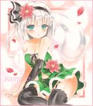  :o alternate_costume bare_shoulders black_gloves black_legwear blush border breasts cleavage collarbone colored_pencil_(medium) elbow_gloves eyelashes flower fur_trim gloves gradient gradient_background green_eyes hair_flower hair_ornament hair_ribbon konpaku_youmu konpaku_youmu_(ghost) lace lace-trimmed_thighhighs looking_at_viewer marker_(medium) medium_breasts navel petals pink_background pink_border poinsettia potto ribbon sample short_hair silver_hair single_elbow_glove sitting skirt snowflakes solo strapless thighhighs touhou traditional_media yokozuwari 