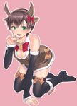  56_(goroku33) all_fours angel_beats! animal_ears antlers bad_id bad_pixiv_id bell black_footwear boots bridal_gauntlets brown_hair crossdressing dress green_eyes male_focus ooyama_(angel_beats!) reindeer_antlers reindeer_ears santa_boots solo thighhighs 