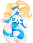  bad_id bad_tumblr_id bare_shoulders blonde_hair blue_eyes blue_leotard breasts cleavage cleavage_cutout clenched_hand commentary domino_mask heart highres large_breasts leotard lips long_hair mask rainbow_mika slugbox solo street_fighter street_fighter_v thick_thighs thighs twintails 