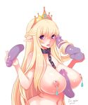  3boys blonde_hair blue_eyes breasts chain collar disembodied_penis elf hetero highres huge_breasts iri-neko long_hair looking_at_viewer metal_collar multiple_boys multiple_penises nipple_piercing nipples nude open_mouth original paizuri penis piercing pointy_ears solo_focus testicles tiara 