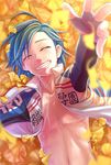  :d ^_^ ahoge arm_up autumn_leaves biker_clothes blue_hair closed_eyes collarbone fingerless_gloves foreshortening ginkgo ginkgo_leaf gloves highres lying ma_san_yp manami_sangaku on_back open_clothes open_mouth open_shirt shirt smile stomach sweat sweatdrop wet yowamushi_pedal 