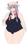  blush bow breasts commentary cowboy_shot fat hair_bow hat highres huge_breasts long_hair looking_at_viewer mob_cap nengorogoro obese one-piece_swimsuit patchouli_knowledge purple_eyes purple_hair rolling_eyes solo sweat swimsuit touhou 