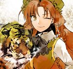  beret braid hat hong_meiling long_hair looking_at_viewer one_eye_closed red_hair ritz_(h322) side_braid smile solo tiger touhou 