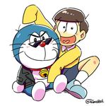  bad_id bad_twitter_id color_connection cosplay doraemon doraemon_(character) heart heart_in_mouth jacket male_focus matsuno_juushimatsu matsuno_karamatsu matsuno_karamatsu_(cosplay) multiple_boys nobi_nobita nobi_nobita_(cosplay) osomatsu-kun osomatsu-san pulaco robot shorts simple_background sitting sleeves_past_wrists sunglasses sweater twitter_username white_background 