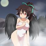  bare_shoulders bird_wings black_wings blush bow breasts brown_hair c: cato_(monocatienus) collarbone commentary covering curvy hair_bow hair_ribbon large_breasts looking_at_viewer moon moonlight naked_towel nude_cover onsen outdoors ponytail red_eyes reiuji_utsuho ribbon sky smile solo star_(sky) starry_sky touhou towel wide_hips wings 