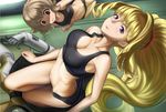  atra_mixta blonde_hair breast_envy breasts brown_hair cleavage covered_nipples empty_eyes gundam gundam_tekketsu_no_orphans kudelia_aina_bernstein kyodairobo large_breasts long_hair multiple_girls panties ponytail purple_eyes red_eyes ribs short_hair small_breasts spacesuit sports_bra underwear underwear_only zero_gravity 