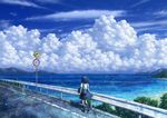  bad_id bad_pixiv_id bag bug cloud day dragonfly from_behind guard_rail insect kazami_(kuroro) ocean original road road_sign scenery school_bag school_uniform sign skirt sky solo summer 