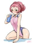  bottle brown_eyes competition_swimsuit girls_und_panzer one-piece_swimsuit ponytail red_hair rosehip short_hair solo solokov_(okb-999) swim_cap_removed swimsuit water_bottle 
