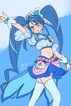  2015 adapted_costume alternate_costume alternate_hairstyle arm_up armlet belt blue blue_background blue_choker blue_eyes blue_hair blue_legwear blue_shirt blue_skirt blush choker collarbone color_connection cosplay crossover cure_aqua cure_berry cure_marine cure_mermaid cure_princess dated earrings embarrassed fresh_precure! go!_princess_precure heartcatch_precure! highres isedaichi_ken jewelry long_hair midriff minazuki_karen navel pearl precure puffy_short_sleeves puffy_sleeves shirt short_sleeves simple_background sketch skirt solo standing thighhighs thighs twintails wrist_cuffs yes!_precure_5 yes!_precure_5_gogo! zettai_ryouiki 