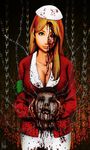  barbed_wire blonde_hair blood breasts cleavage collarbone disembodied_head guro hat head head_tilt highres kippah large_breasts lisa_garland long_hair looking_at_viewer narumi_kei nurse nurse_cap silent_hill silent_hill_1 smile solo 