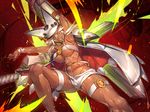  abs arm_up armor armpits beltbra blonde_hair breasts cape dark_skin grin guilty_gear guilty_gear_xrd hat hat_with_ears huge_weapon katana large_breasts looking_at_viewer melon22 navel ramlethal_valentine revealing_clothes sharp_teeth short_shorts shorts smile solo strapless sword tan teeth thigh_strap toned underboob weapon yellow_eyes 