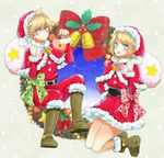  1girl :o ahoge bad_id bad_pixiv_id bag bangs beads bell belt blue_eyes blush boots bow brown_footwear christmas dress fire flame green_bow hair_ornament hairclip hand_on_hip hat holding holding_bag holding_lantern kagamine_len kagamine_rin knee_boots lantern leaf long_sleeves modoromi open_mouth over_shoulder pink_bow red_dress sack santa_costume santa_hat short_hair smile snow_boots star swept_bangs vocaloid wreath 