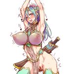  aqua_legwear armpits arms_up bad_id bad_twitter_id blue_hair blush breasts covered_nipples inactive_account large_breasts long_hair looking_at_viewer navel nipples no_bra no_panties open_mouth original pubic_hair pussy pussy_juice see-through sheath sheathed simple_background solo sword thighhighs weapon white_background yamada_(gotyui) yellow_eyes 