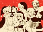  4boys :d bare_shoulders black_gloves blush christmas edward_(fire_emblem) facial_hair fingerless_gloves fire_emblem fire_emblem:_akatsuki_no_megami gift gloves hat leonardo_(fire_emblem) looking_at_another micaiah monochrome multiple_boys multiple_girls nolan open_mouth red_background santa_costume santa_hat scarf smile sothe stuffed_animal stuffed_toy sweatdrop teddy_bear yukaris 