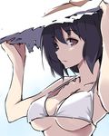  adjusting_clothes adjusting_hat alternate_costume bikini black_hair blush breasts brown_eyes hat kamukamu_(ars) large_breasts looking_at_viewer shameimaru_aya short_hair solo strap_gap sun_hat swimsuit touhou underboob upper_body 