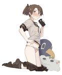  blush brown_hair cellphone commentary_request failure_penguin iphone kantai_collection kneeling miss_cloud ningen_(ningen96) panties phone ponytail school_uniform serafuku shikinami_(kantai_collection) skirt smartphone socks underwear 