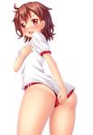  :o absurdres ass blush breast_hold breasts brown_hair buruma covering covering_ass fast-runner-2024 from_behind gym_uniform highres looking_at_viewer misaka_mikoto open_mouth orange_eyes shirt shirt_tug short_hair short_sleeves simple_background solo standing thighs to_aru_kagaku_no_railgun to_aru_majutsu_no_index white_background white_shirt 
