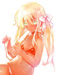  bikini blonde_hair blush bow dark_skin flat_chest food green_eyes hair_bow kyra looking_to_the_side navel original pinky_out popsicle saliva saliva_trail solo sweat swimsuit twintails 