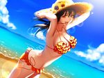  :d arkray armpits arms_up bad_id bad_pixiv_id bare_shoulders beach bikini black_hair breasts cleavage collarbone day floating_hair flower frilled_bikini frills from_side hat hat_flower horizon large_breasts looking_at_viewer ocean open_mouth orange_bikini original outdoors red_eyes sand shore side-tie_bikini smile solo standing straw_hat sun_hat sunflower sunlight swimsuit water wind 
