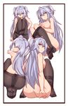  absurdres ass black_legwear breasts crotch_seam feet gakusen_toshi_asterisk highres hips hu_sea large_breasts long_hair looking_at_viewer nipples one_eye_closed pantyhose puffy_nipples purple_eyes purple_hair solo toudou_kirin very_long_hair 