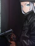  battlefield_(series) battlefield_hardline blue_eyes gloves gun hat highres jacket long_hair looking_at_viewer shamonabe silver_hair solo submachine_gun tec-9 weapon 