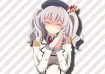  ^_^ closed_eyes diagonal_stripes epaulettes frilled_sleeves frills hands_together head_tilt highres kantai_collection kashima_(kantai_collection) onoderaiser ribbon silver_hair solo striped striped_background twintails 